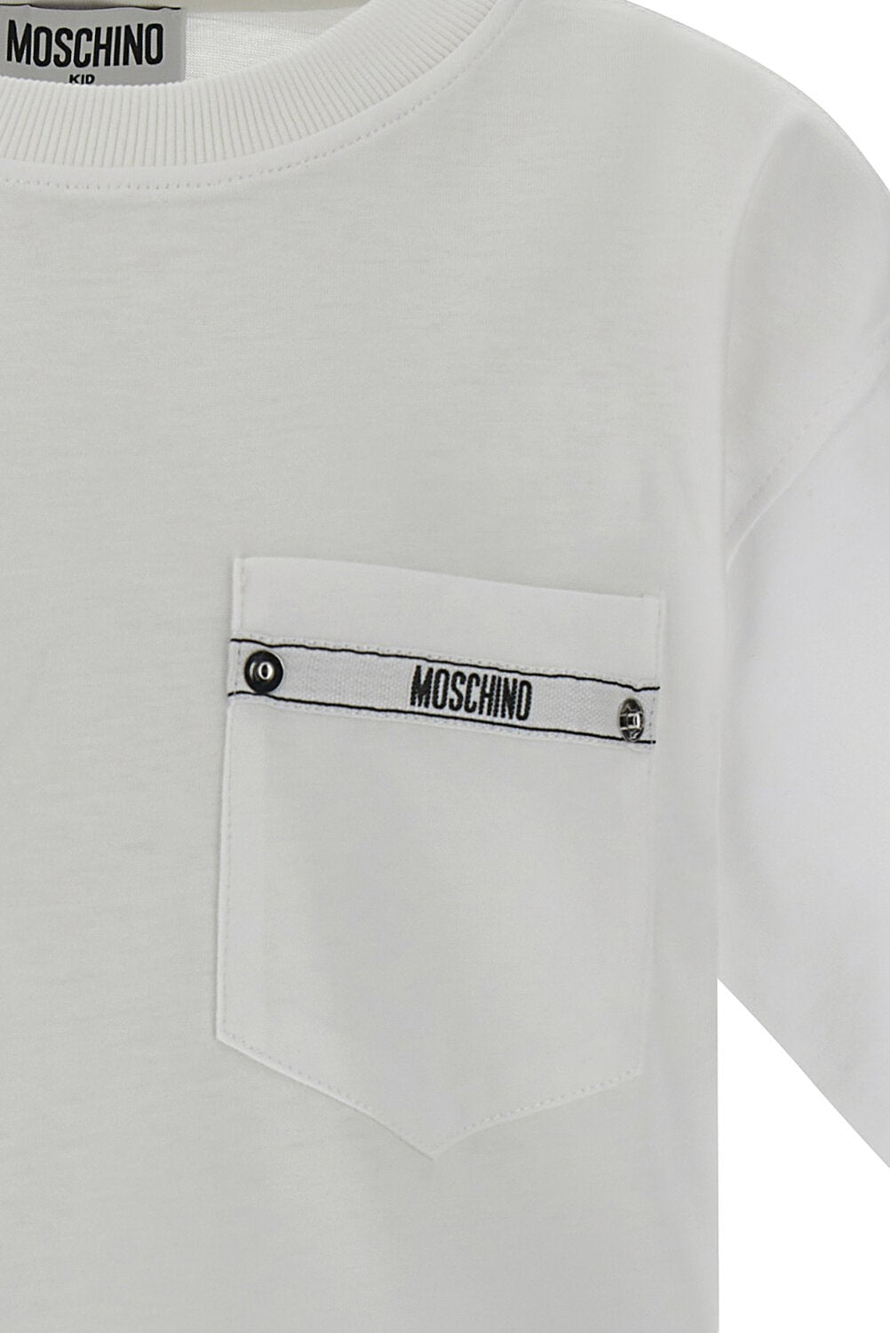 T-shirt bianca in cotone Scugnizzi 0-16 con taschino frontale e nastro logato Moschino a contrasto