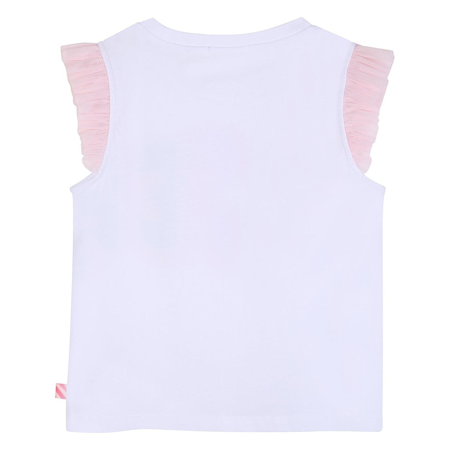T-shirt bianca senza maniche Scugnizzi 0-16 con maniche a volant in tulle rosa, vista posteriore