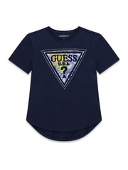 T-shirt blu a maniche corte Scugnizzi 0-16 in cotone con logo triangolare GUESS stampato sul petto