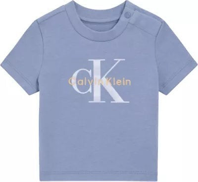 T-shirt Scugnizzi 0-16 Calvin Klein in cotone azzurro polvere con logo stampato e bottoni a pressione sulla spalla