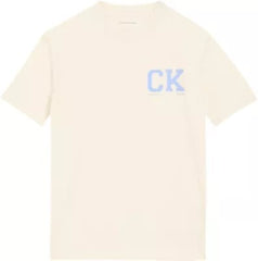 T-shirt Scugnizzi 0-16 in cotone color crema a maniche corte con logo azzurro stampato sul petto
