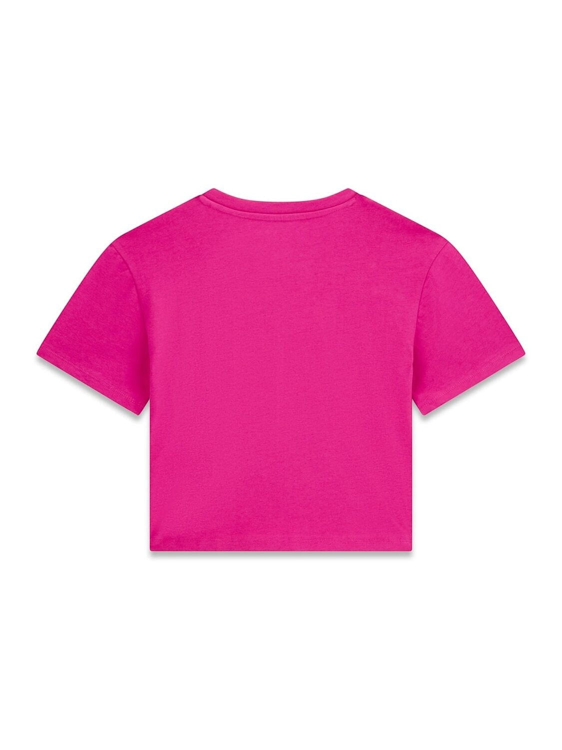 T-shirt cropped fucsia a maniche corte in cotone con logo GUESS sul retro, proposta da Scugnizzi 0-16