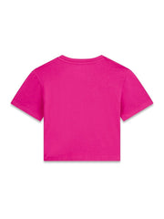 T-shirt cropped fucsia a maniche corte in cotone con logo GUESS sul retro, proposta da Scugnizzi 0-16