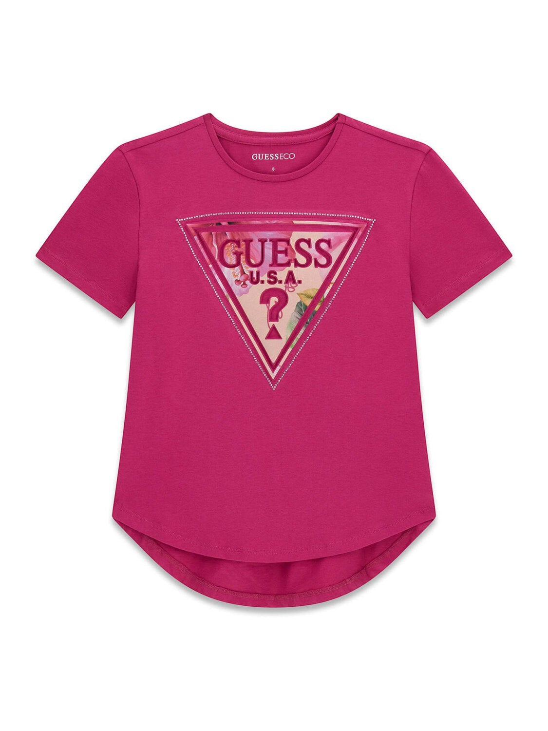 T-shirt fucsia Scugnizzi 0-16 in cotone con logo triangolare GUESS stampato e orlo posteriore arrotondato