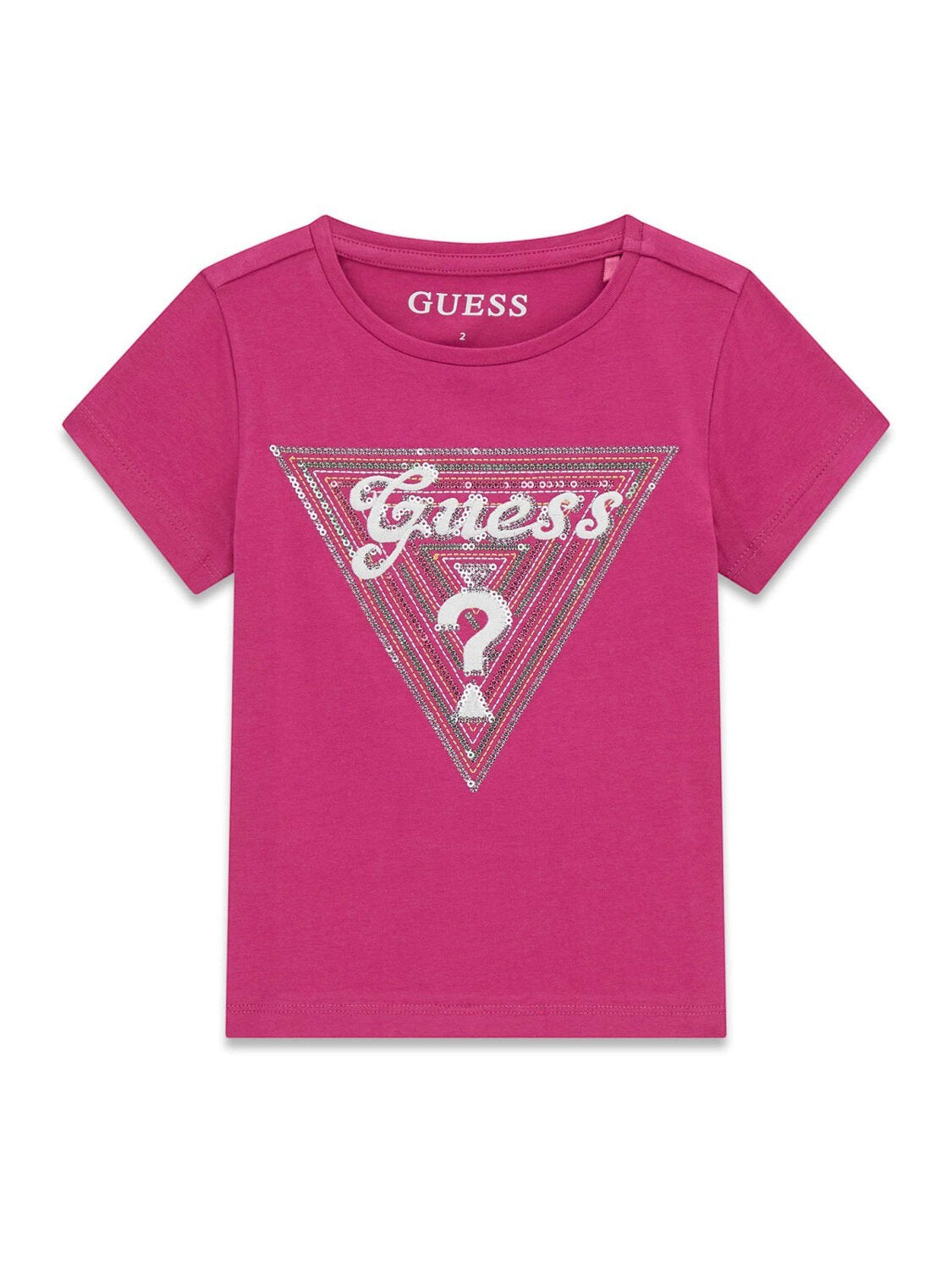 T-shirt fucsia Scugnizzi 0-16 in cotone con logo triangolare Guess decorato da paillettes scintillanti