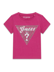 T-shirt fucsia Scugnizzi 0-16 in cotone con logo triangolare Guess decorato da paillettes scintillanti