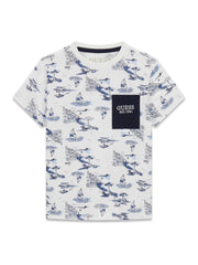 T-shirt Scugnizzi 0-16 GUESS bianca in cotone con stampa marittima all-over e taschino blu navy con logo frontale