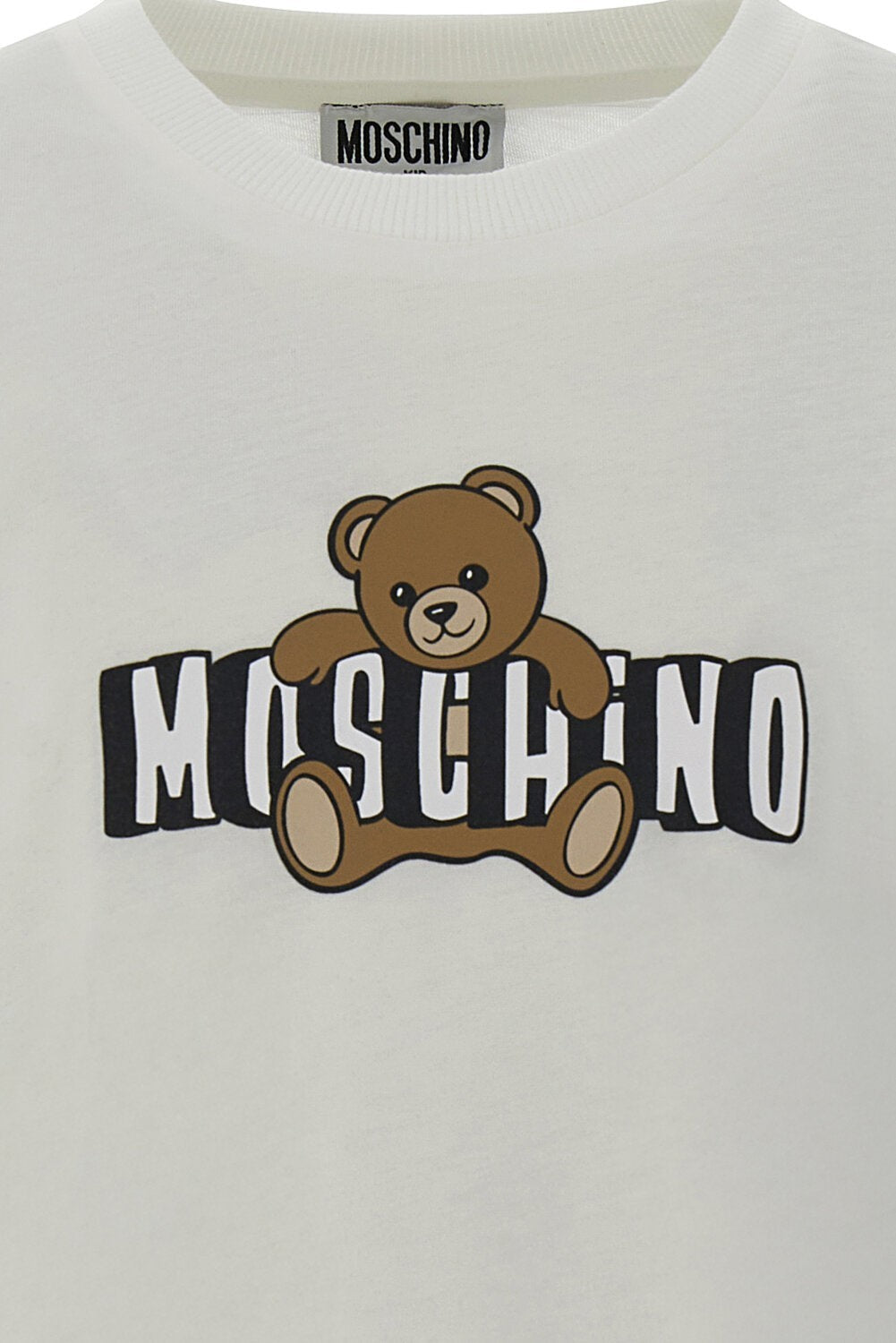 T-shirt bianca in cotone Scugnizzi 0-16 con logo Moschino e grafica iconica dell'orsetto Teddy Bear sul petto