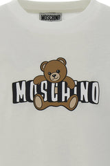 T-shirt bianca in cotone Scugnizzi 0-16 con logo Moschino e grafica iconica dell'orsetto Teddy Bear sul petto