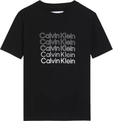 T-shirt nera in cotone Scugnizzi 0-16 con logo Calvin Klein ripetuto stampato sul petto e girocollo classico