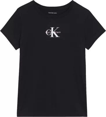 T-shirt nera in cotone Scugnizzi 0-16 con logo Calvin Klein Jeans bianco stampato sul petto e girocollo classico.