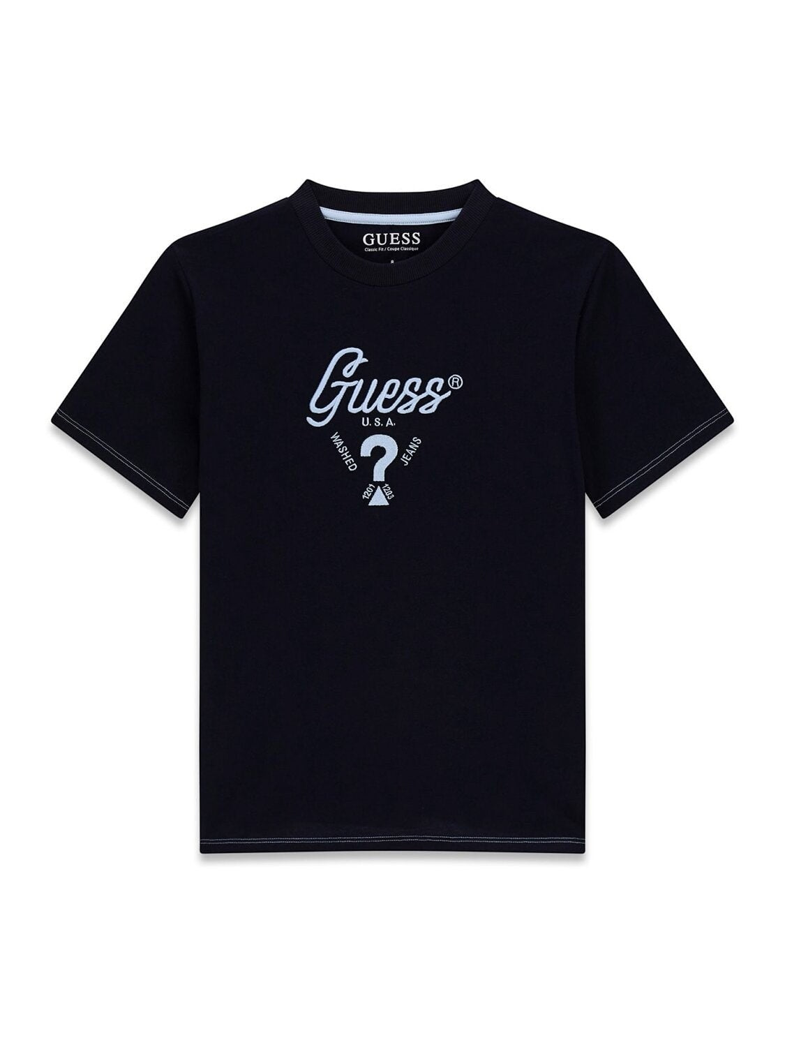 T-shirt nera a maniche corte in cotone Scugnizzi 0-16 con logo GUESS bianco stampato sul petto e girocollo a costine.