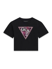T-shirt nera a maniche corte Scugnizzi 0-16 con logo triangolare GUESS decorato da strass e dettagli brillanti