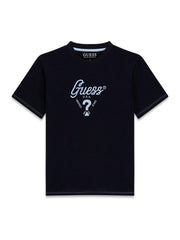 T-shirt nera a maniche corte in cotone Scugnizzi 0-16 con logo GUESS bianco stampato sul petto e girocollo a costine.
