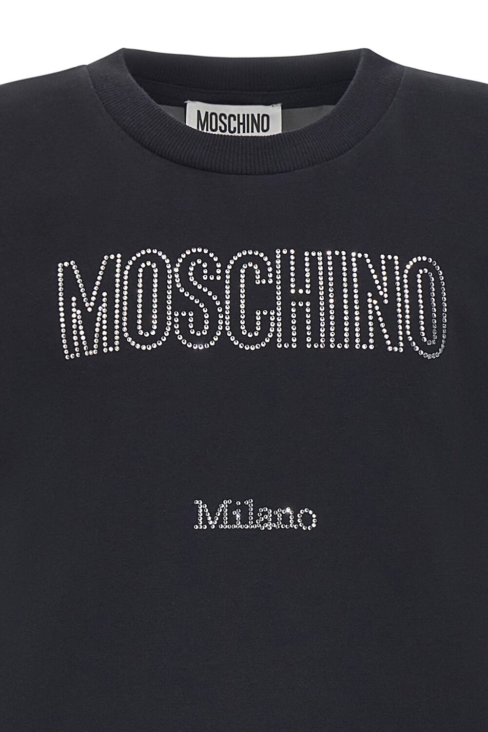 T-shirt nera in cotone Scugnizzi 0-16 con logo Moschino e scritta Milano realizzati in luminosi strass