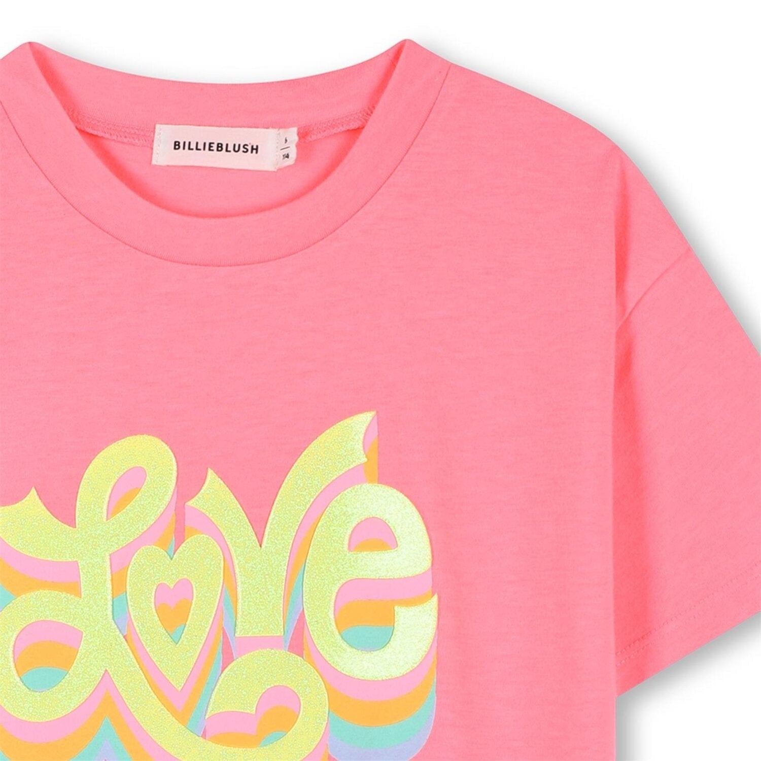 T-shirt rosa in cotone Scugnizzi 0-16 con scritta Love glitterata e grafica colorata per bambina