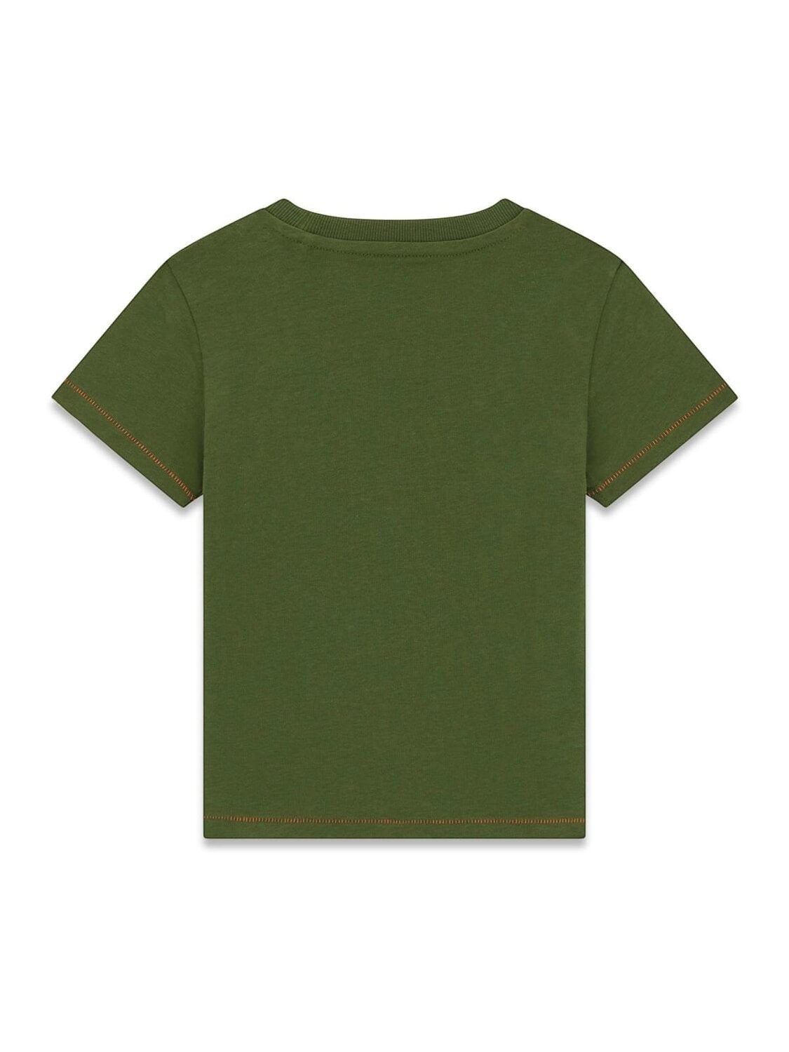 T-shirt Scugnizzi 0-16 verde oliva per bambini in cotone con cuciture a contrasto arancioni, vista posteriore.
