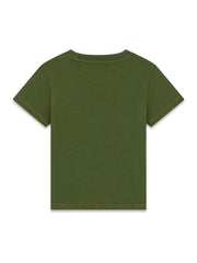 T-shirt Scugnizzi 0-16 verde oliva per bambini in cotone con cuciture a contrasto arancioni, vista posteriore.