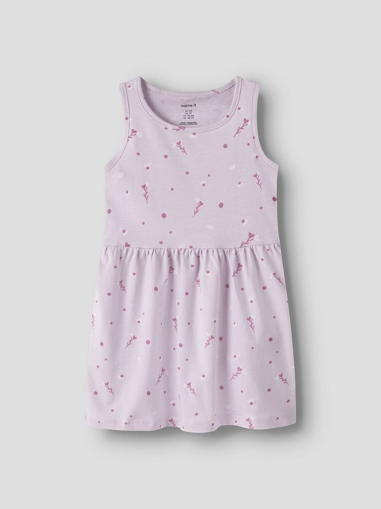 Vestito senza maniche Scugnizzi 0-16 in cotone lilla con stampa floreale e pois per bambina
