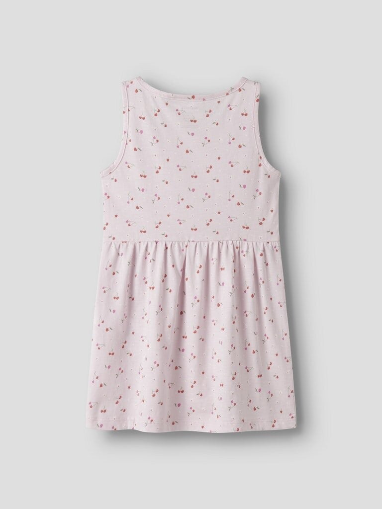 Vestito senza maniche Scugnizzi 0-16 in cotone lilla con stampa floreale e ciliegie, taglio svasato e scollo rotondo.