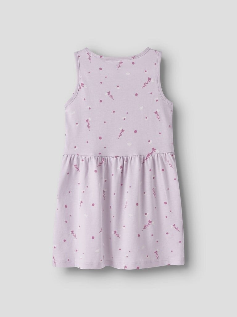 Vestito senza maniche Scugnizzi 0-16 in cotone lilla con stampa floreale e pois per bambina