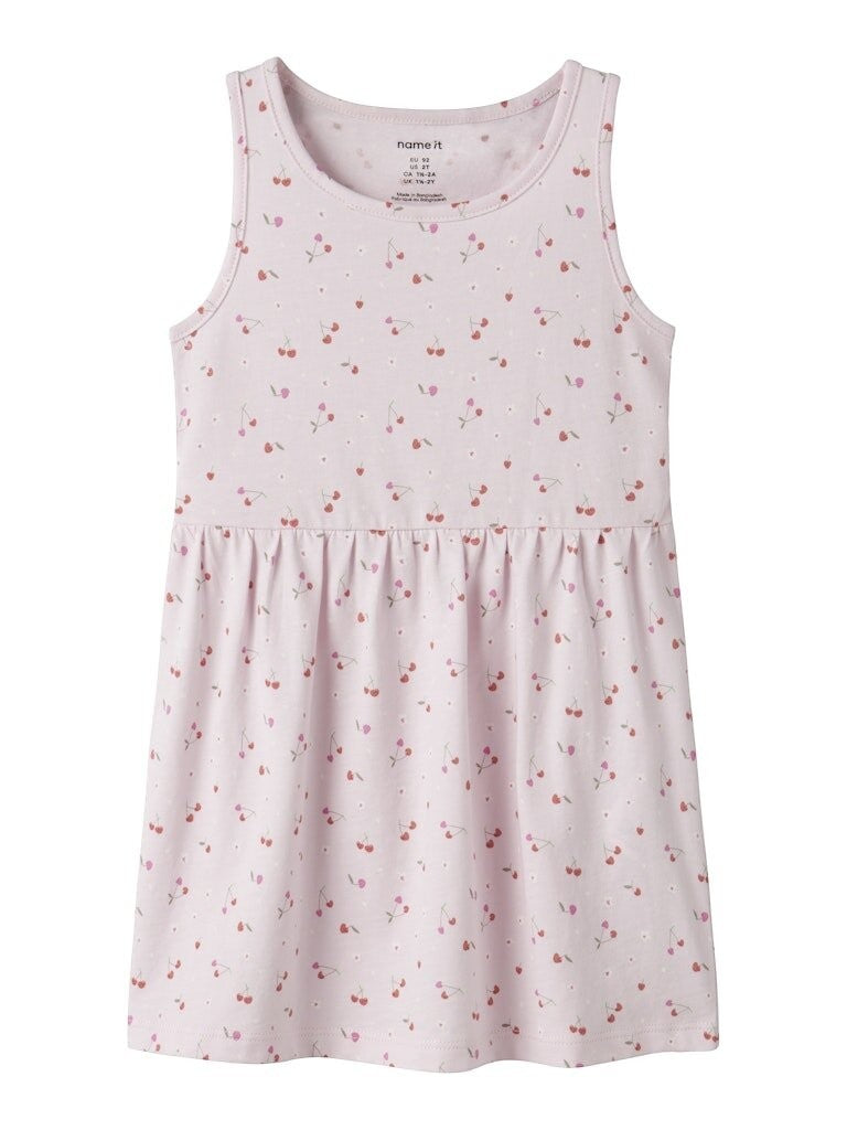Vestito senza maniche Scugnizzi 0-16 in cotone lilla con stampa floreale e ciliegie per bambina
