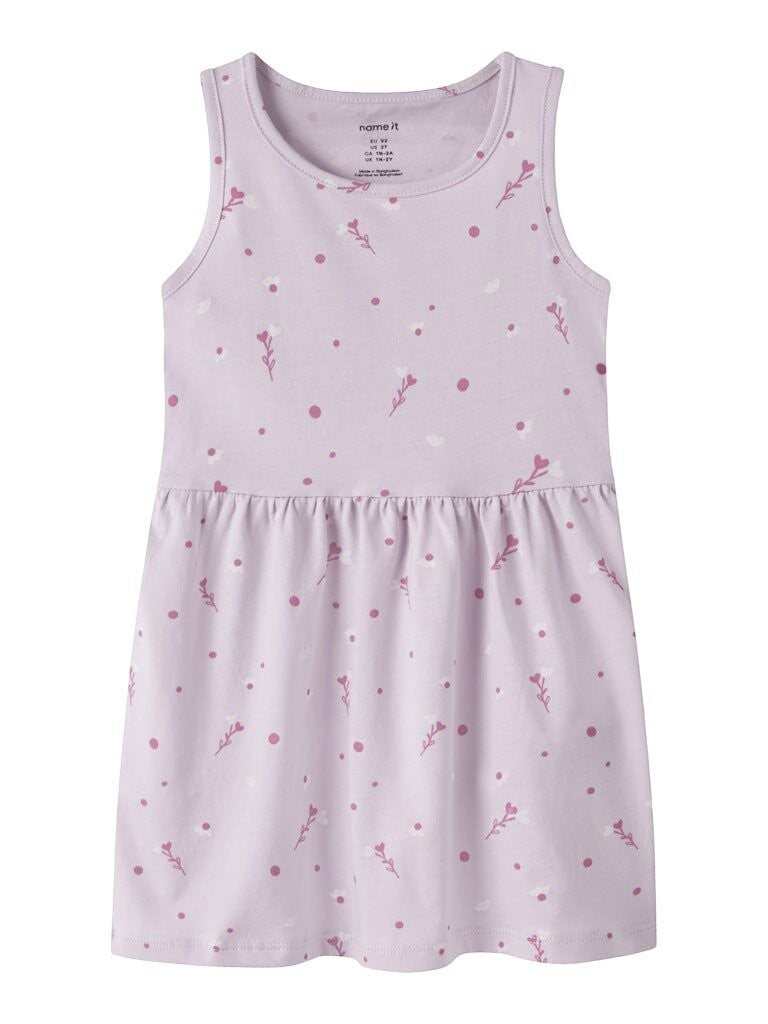 Vestito senza maniche Scugnizzi 0-16 in cotone lilla con stampa floreale e pois per bambina