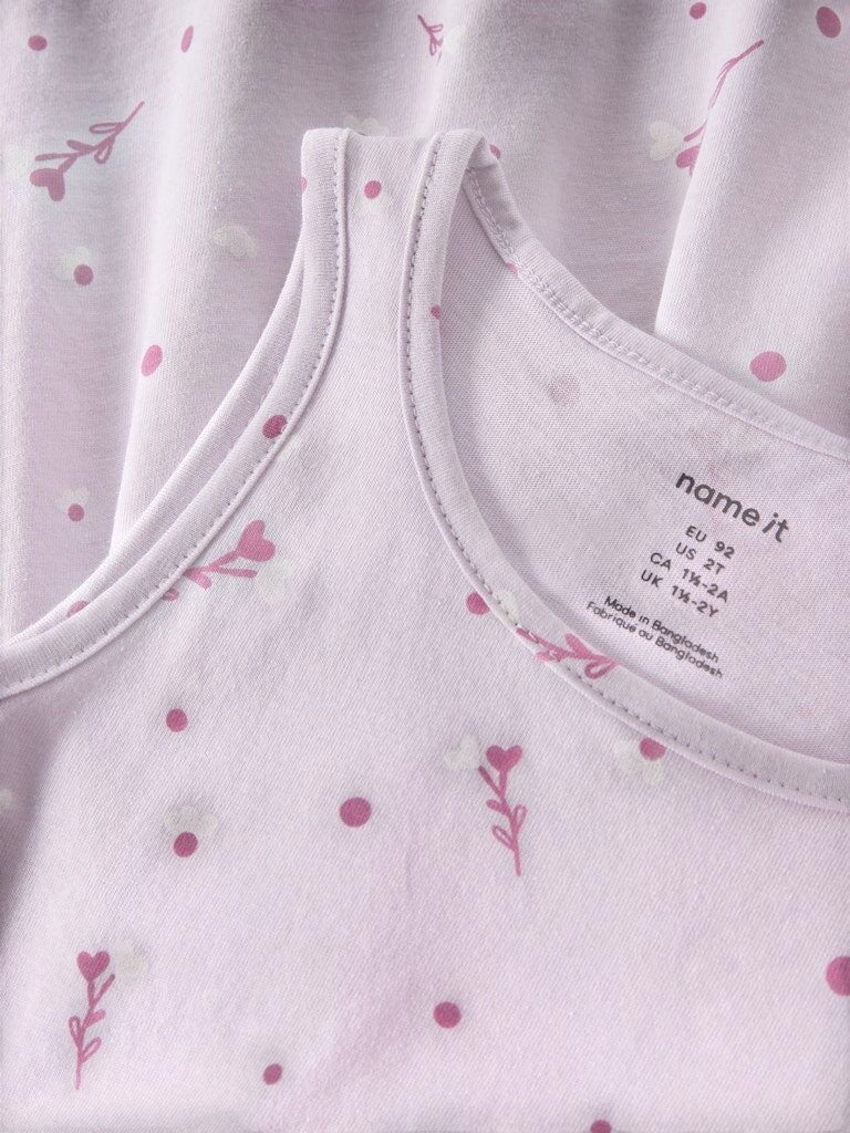 Vestito senza maniche Scugnizzi 0-16 in cotone lilla con stampa floreale e pois per bambina