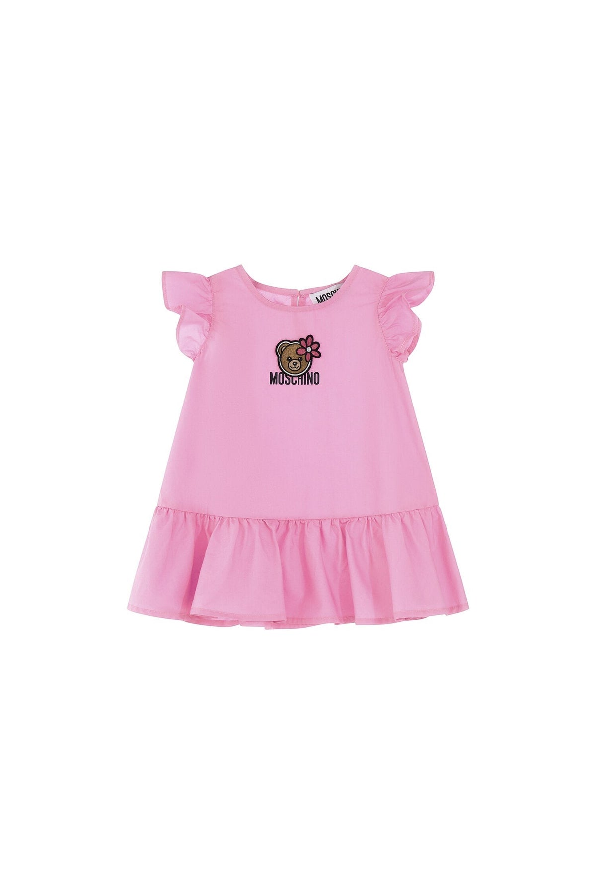 Vestito rosa Scugnizzi 0-16 Moschino con volant, maniche arricciate e applicazione Teddy Bear con fiore sul petto.