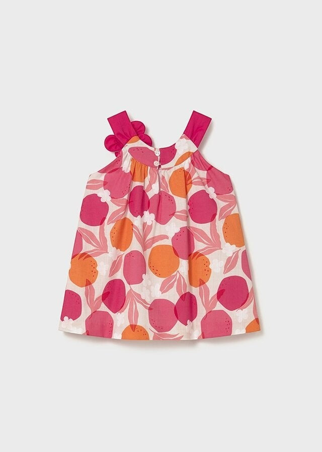Abito estivo Scugnizzi 0-16 in cotone leggero con stampa floreale e frutti rosa e arancioni, spalline con dettaglio floreale.