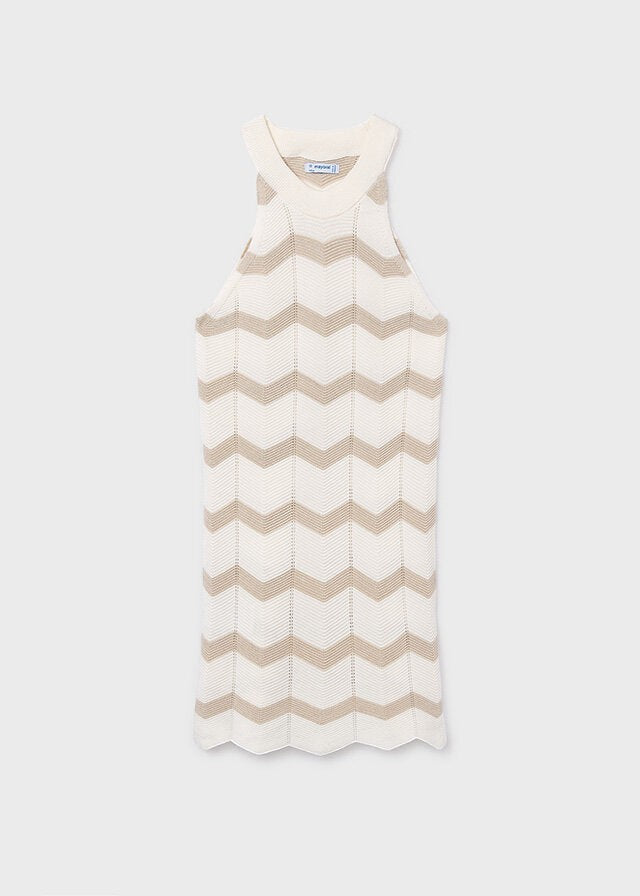 Abito lungo senza maniche Scugnizzi 0-16 in maglia a zig-zag bianco e beige, con collo alto.