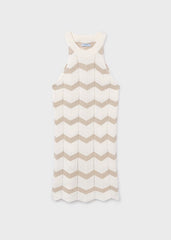 Abito lungo senza maniche Scugnizzi 0-16 in maglia a zig-zag bianco e beige, con collo alto.