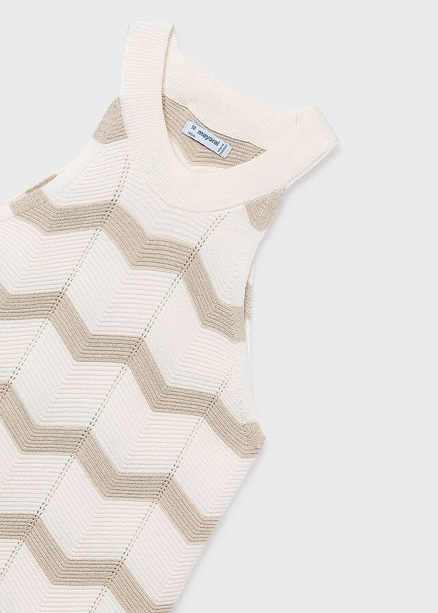 Abito lungo senza maniche Scugnizzi 0-16 in maglia a zig-zag bianca e beige, con collo alto.
