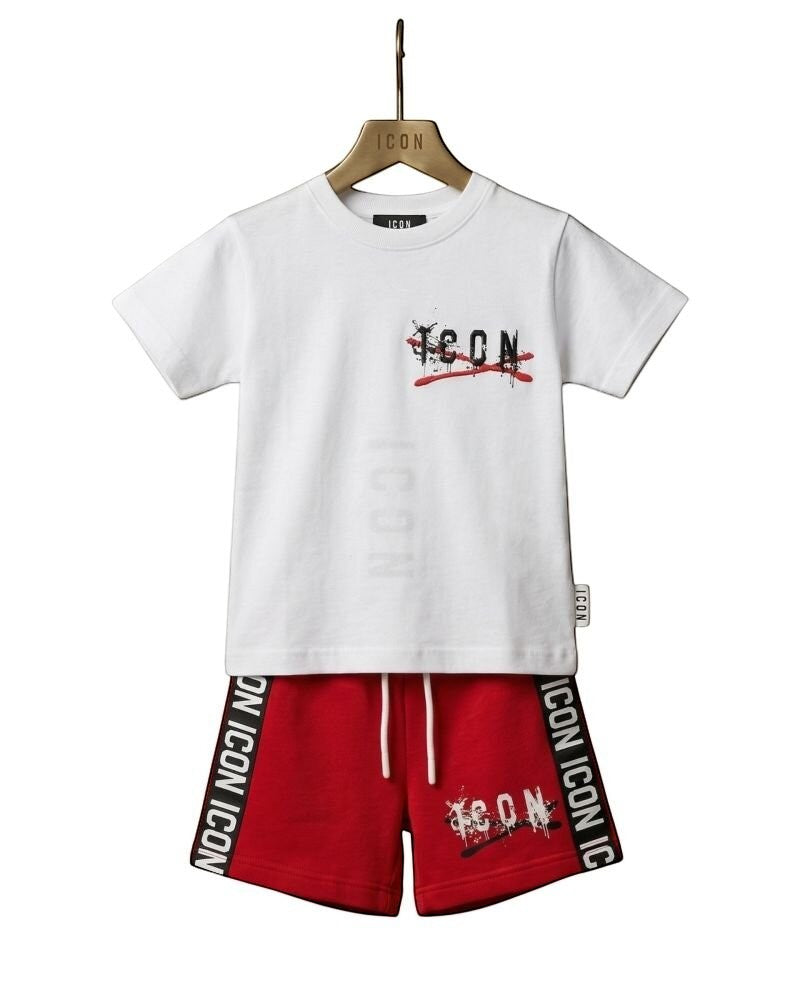 Scugnizzi 0-16 Completo bambino bianco e rosso in cotone con logo Icon stampato e dettagli a schizzi.