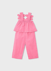 Scugnizzi 0-16 completo rosa acceso con pantalone corto, top con spalline floreali tridimensionali e vita elasticizzata.