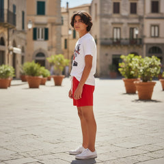 Completo Scugnizzi 0-16 con T-shirt bianca e pantaloncini rossi, entrambi con grafica logo ICON. Cotone.