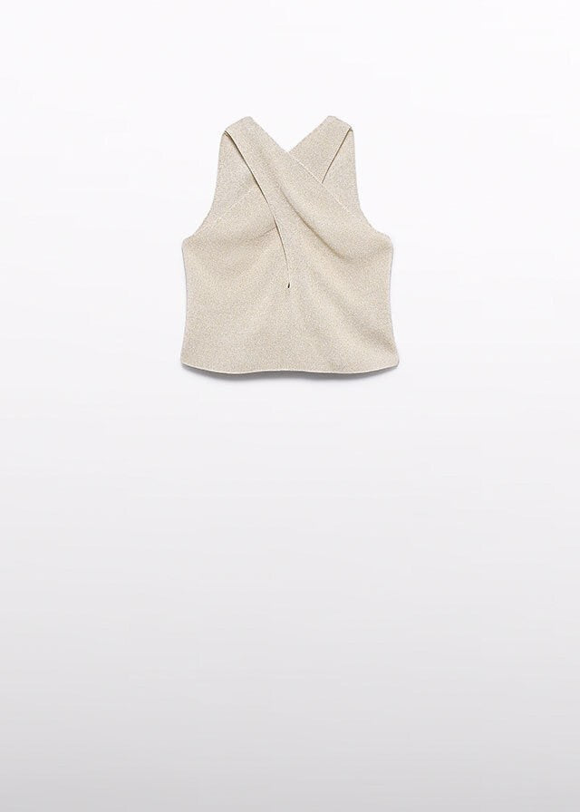 Scugnizzi 0-16 gilet senza maniche color champagne in tessuto metallizzato con scollo americano incrociato e dettaglio drappeggiato.