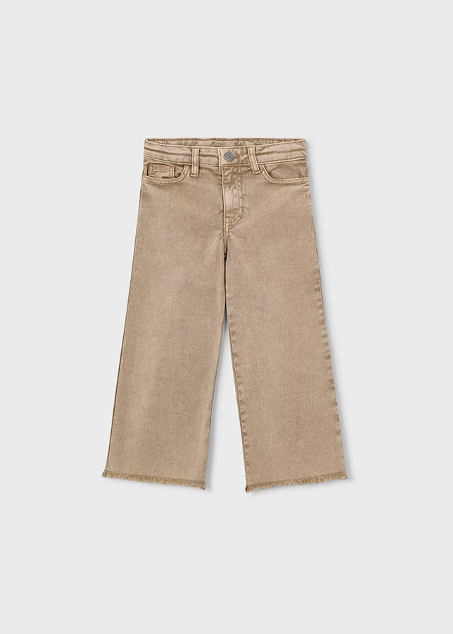 Jeans larghi color sabbia in denim di cotone per bambina, vita alta, fondo sfilacciato, Scugnizzi 0-16