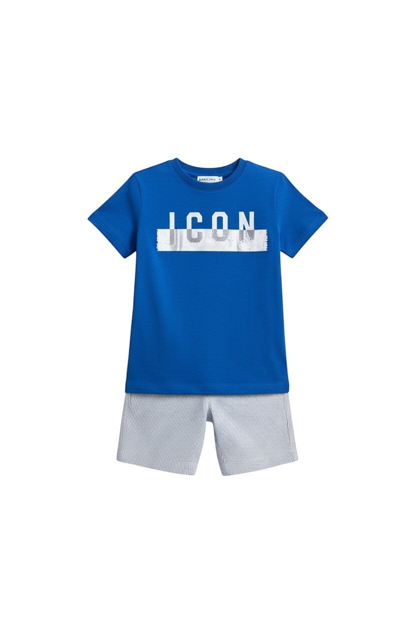 Scugnizzi 0-16 set blu elettrico con stampa ICON e shorts a righe bianche e grigie in cotone.