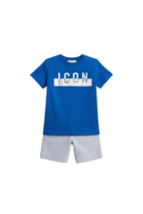 Scugnizzi 0-16 set blu elettrico con stampa ICON e shorts a righe bianche e grigie in cotone.