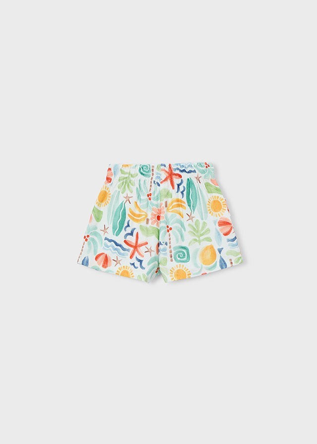 Scugnizzi 0-16 shorts da bambina con stampa tropicale multicolore, vita elasticizzata e laccetto. Tessuto leggero.