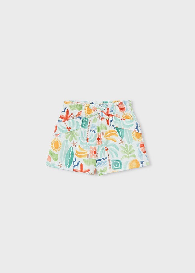 Scugnizzi 0-16 shorts da bambina con stampa tropicale multicolore, vita elasticizzata e tasche.
