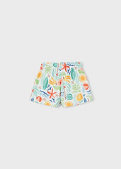 Scugnizzi 0-16 shorts da bambina con stampa tropicale multicolore, vita elasticizzata e laccetto. Tessuto leggero.