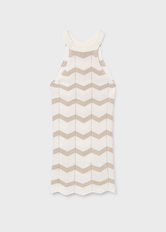 Abito lungo senza maniche Scugnizzi 0-16 in maglia a zig-zag bianco e beige, con collo alto.