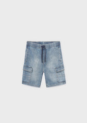 Scugnizzi 0-16 bermuda cargo in denim lavato azzurro con vita elasticizzata e coulisse, tasche laterali.
