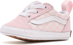 Scugnizzi 0-16: Scarpe da ginnastica Vans rosa per neonati in tela e camoscio con motivo a scacchi e lacci bianchi.