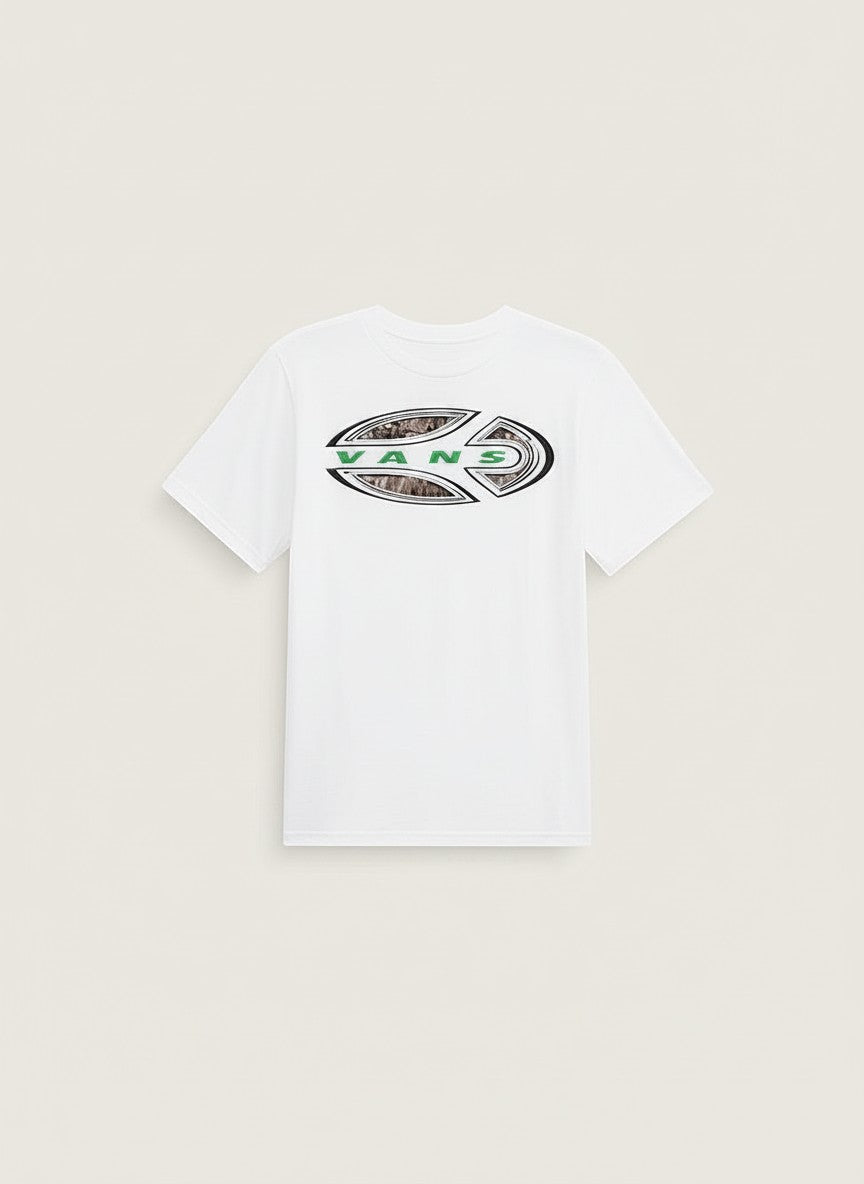 Scugnizzi 0-16 T-shirt bianca in cotone da uomo con logo Vans a contrasto verde e grigio sul petto.